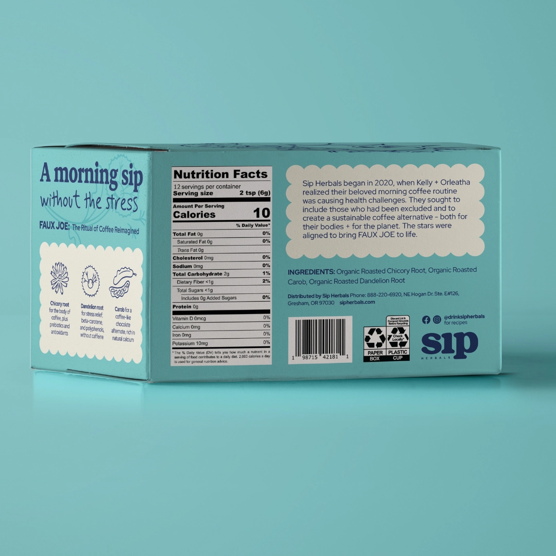 Back of Sip Herbals Signature Roast pods box showing nutrition facts and organic ingredients: chicory, dandelion, carob.