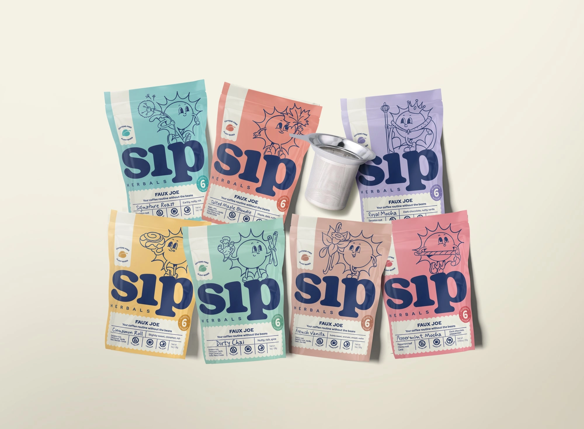Sip Herbals Everything Bundle featuring all seven loose leaf coffee alternative flavors with a stainless steel mesh strainer
