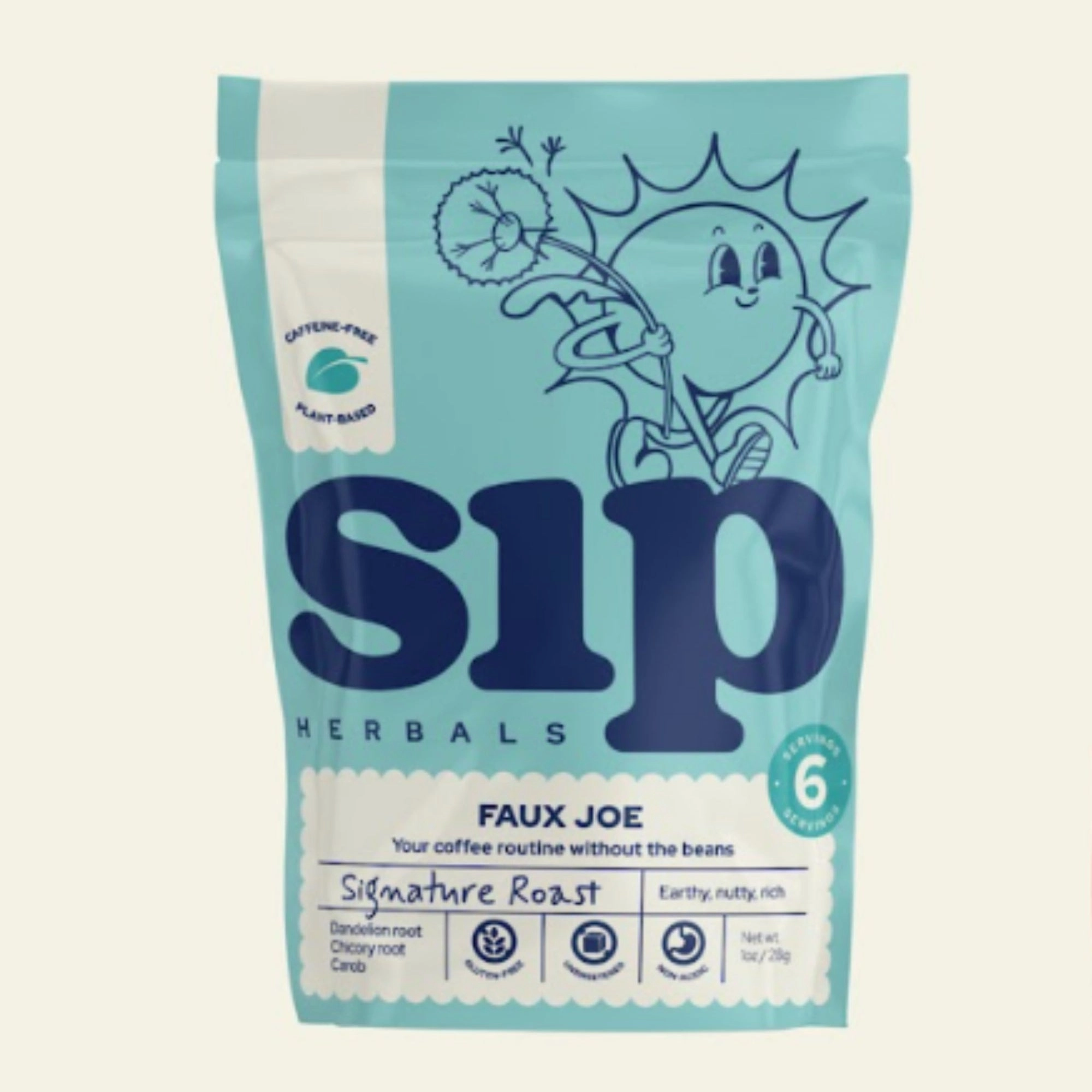 Front view of Sip Herbals Signature Roast herbal coffee alternative packaging labeled caffeine-free and gluten-free.
