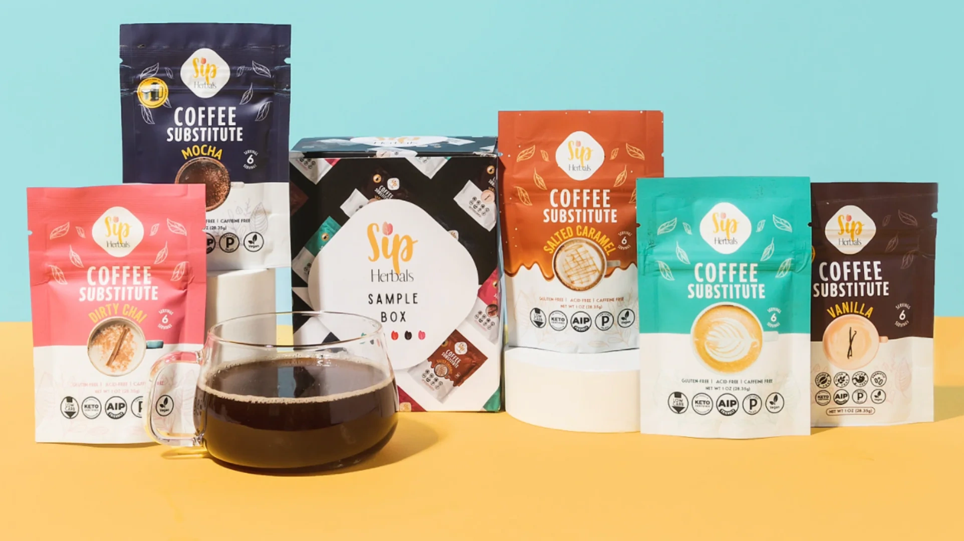 Sip Herbals bags lined up on a teal shelf beside mugs and a French press